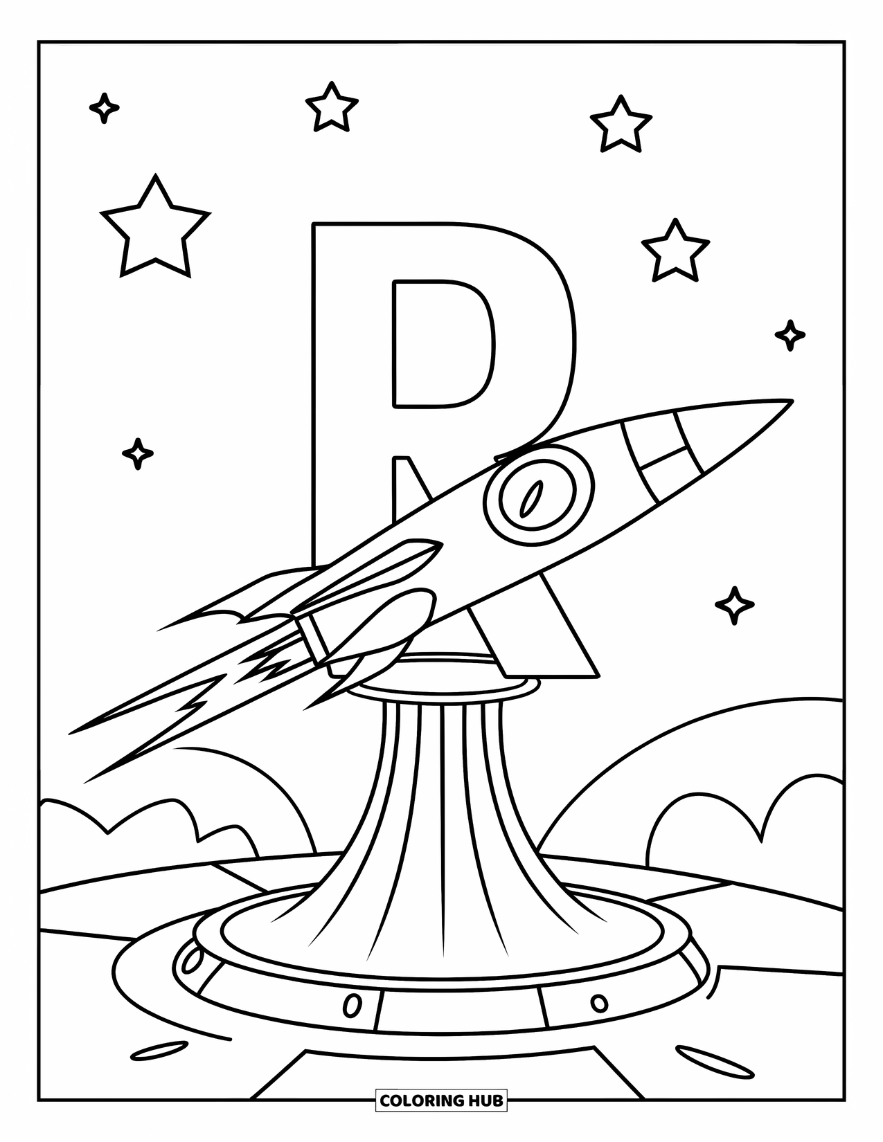Letter R Coloring Page for Kids: A letter R launches a rocket high into a star-filled sky