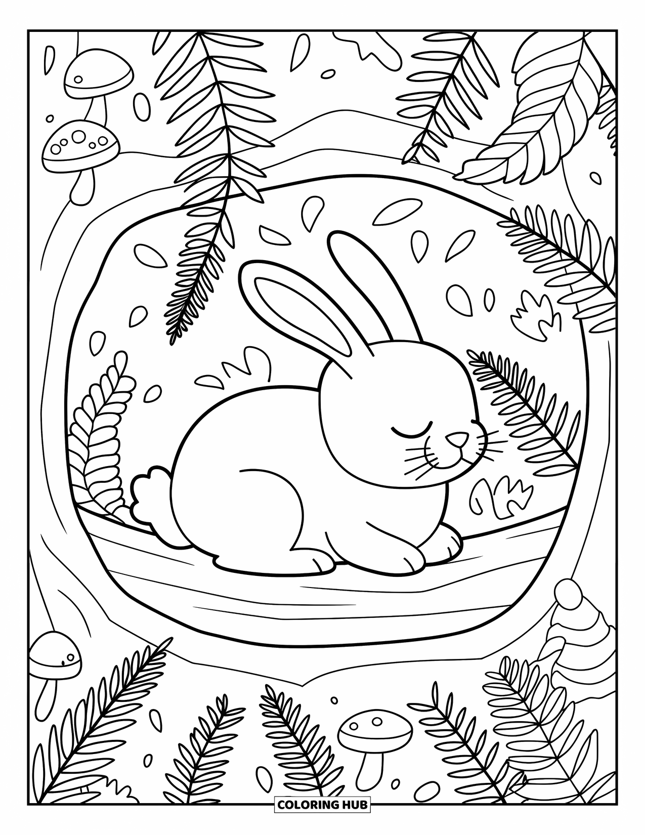 Letter R Coloring Page for Kids: A rabbit naps in a cozy forest corner with ferns and mushrooms