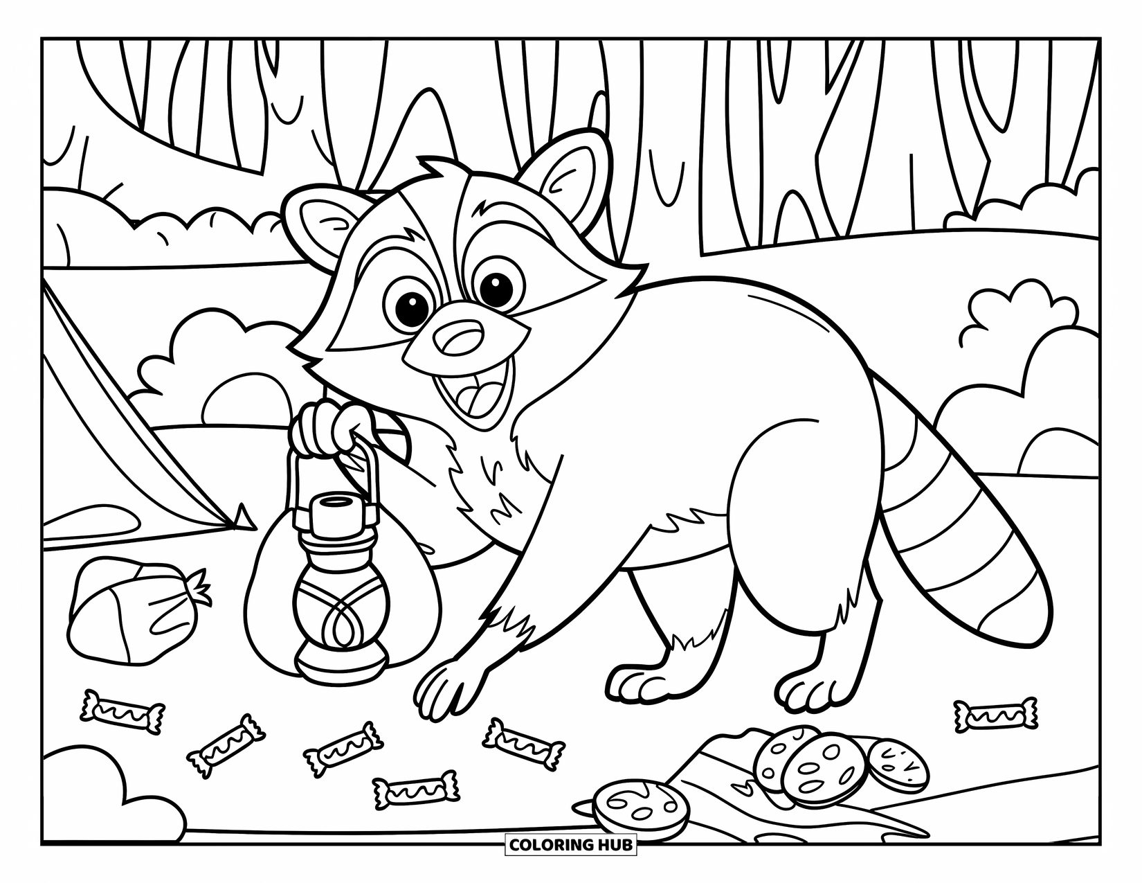 Letter R Coloring Page for Kids: A raccoon carrying a bag and lantern wanders through a snack-filled campsite