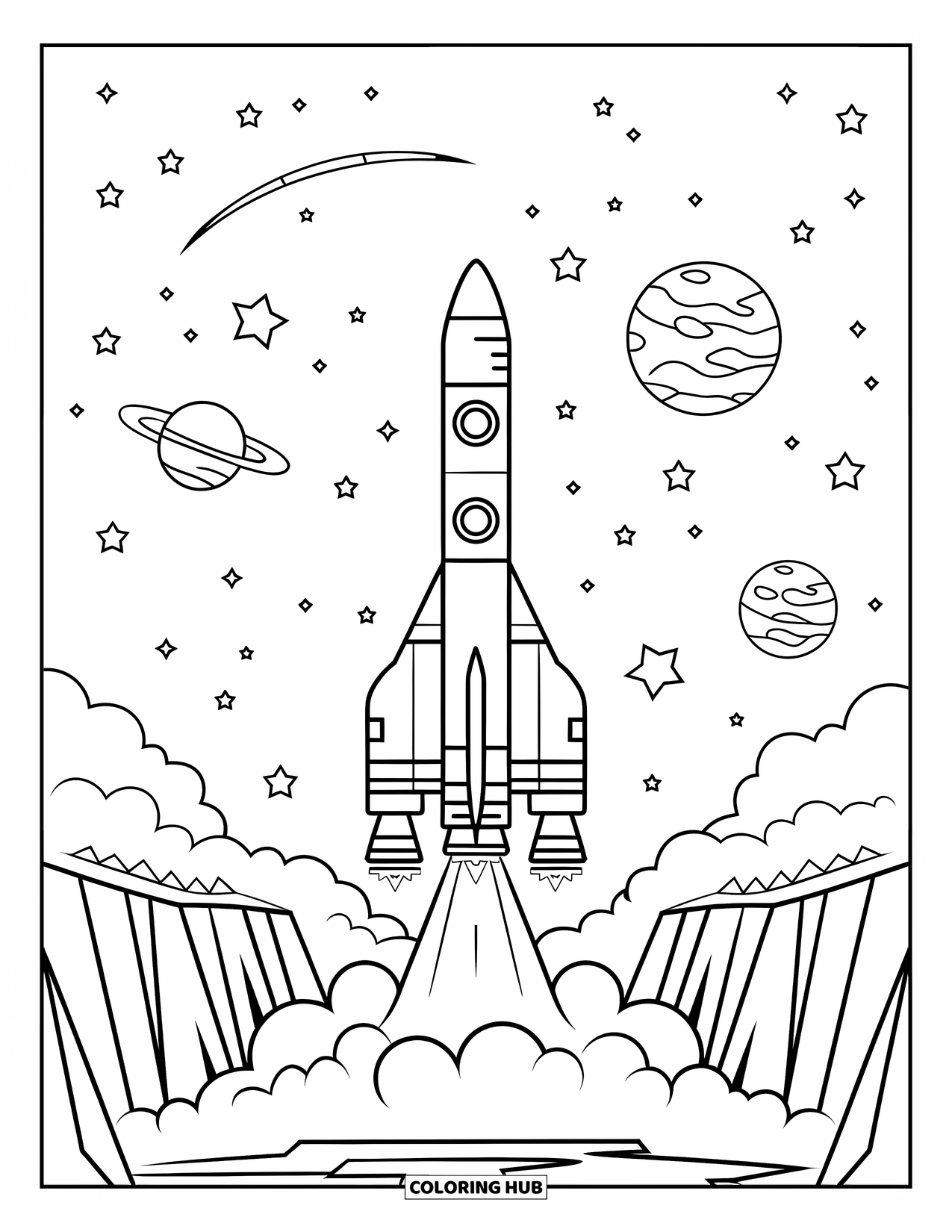 Letter R Coloring Page for Kids: A rocket launches from a cliff, leaving behind stars and a sky trail