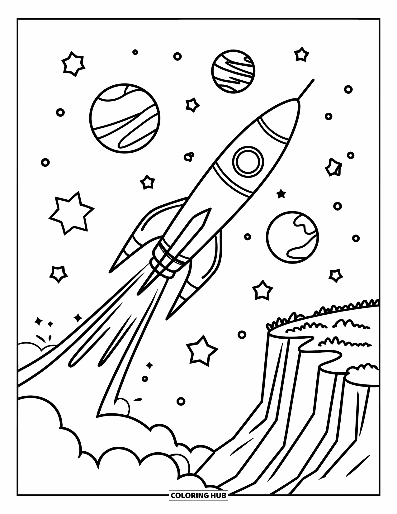 Letter R Coloring Page for Kids: A rocket launches through stars and planets from a rugged cliffside pad