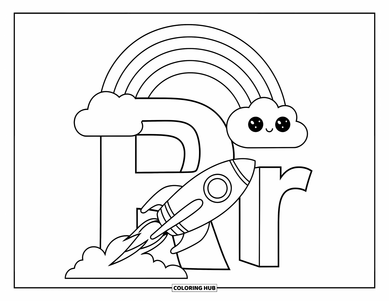 Letter R Coloring Page for Kids: A rocket ship blasts off from letter R with a rainbow above
