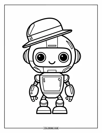 Çocuklar için R Harfi Boyama Sayfası: Şapkalı yuvarlak kafalı bir robot kaidede duruyor, eğlenceye hazır