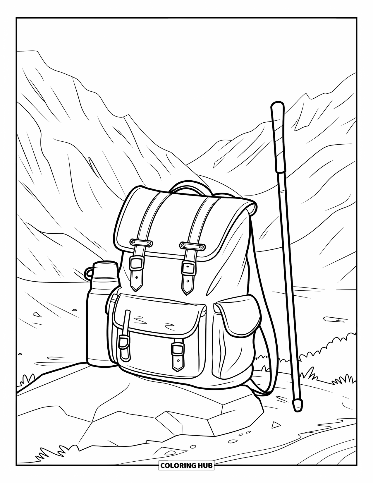 Letter R Coloring Page for Kids: A rucksack and walking stick sit quietly on a trail through the mountains