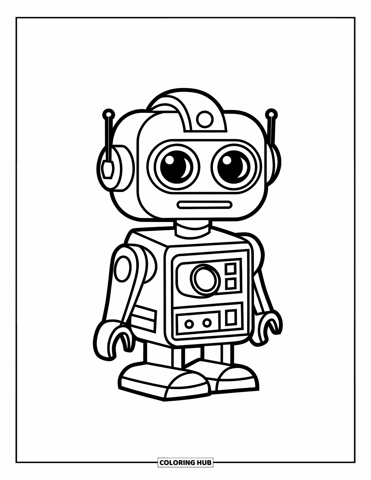Letter R Coloring Page for Kids: A small robot with antennae stands on a base, ready for adventure