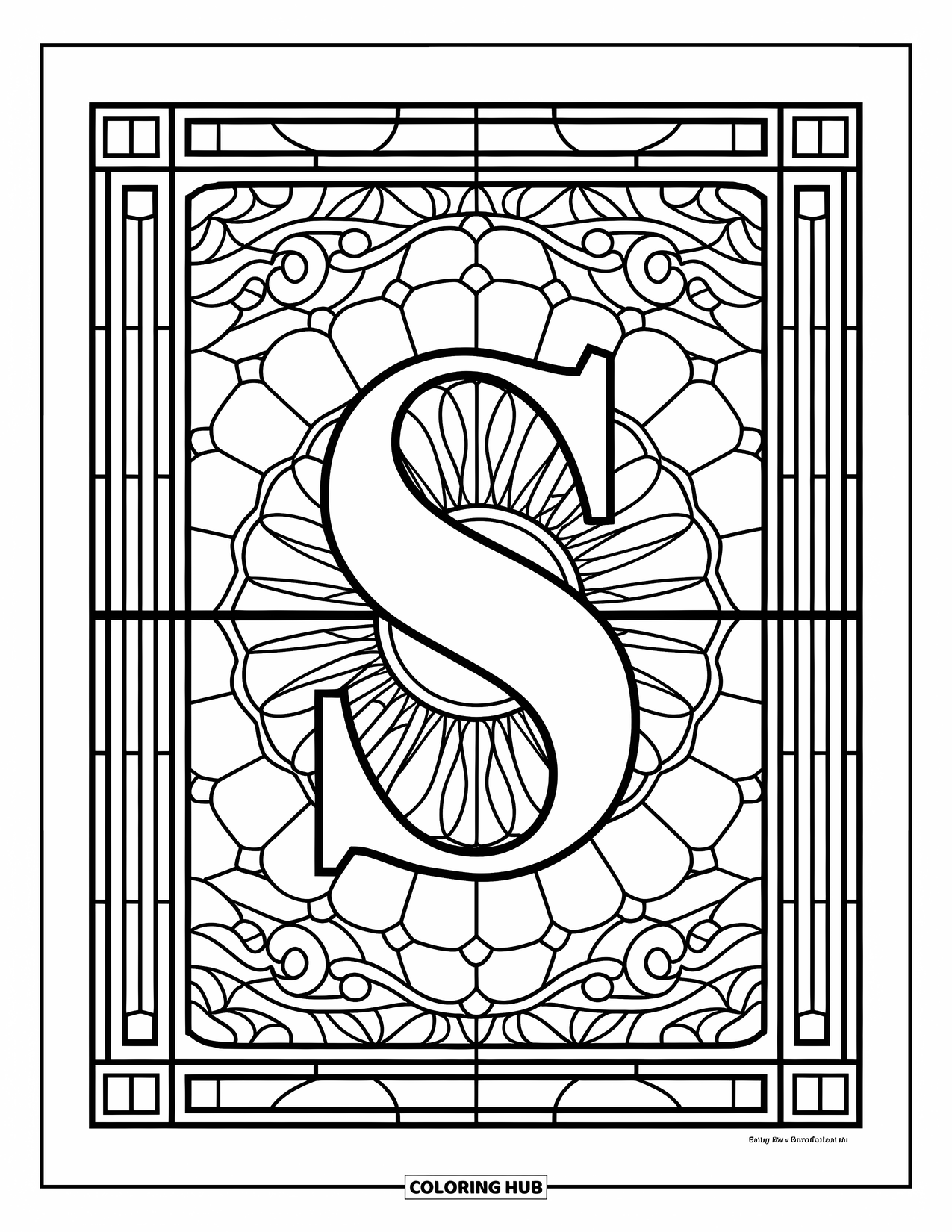 Letter S Coloring Page for Adults: A capital "S" with stained glass shapes layered in a symmetrical window design