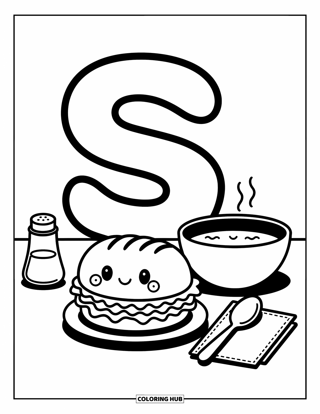 Letter S Coloring Page for Adults: A comfy corner with letter ìS,î sandwich, bowl of soup, and a salt shaker