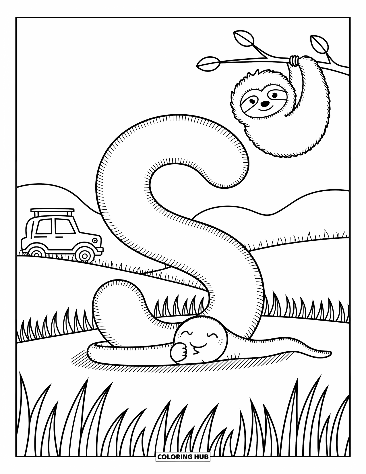 Letter S Coloring Page for Adults: A cute snake hugs the ìSî while a sloth swings from a branch nearby