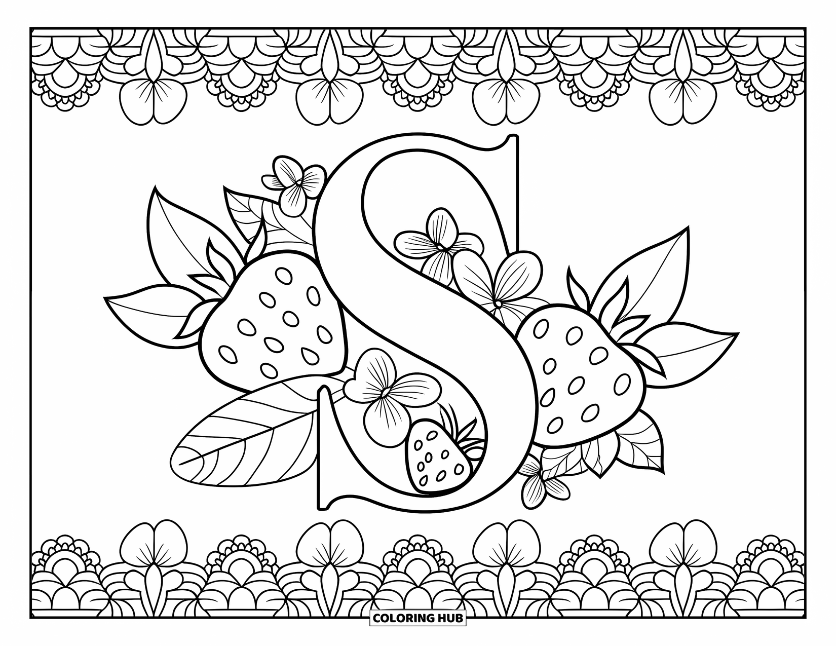 Letter S Coloring Page for Adults: A flowing "S" with strawberries, thin leaves, and intricate floral lace
