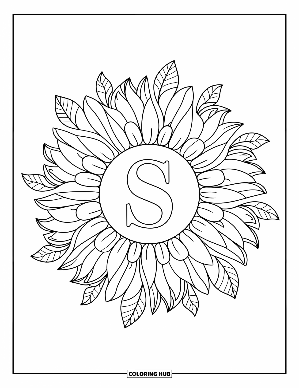 Letter S Coloring Page for Adults: A large "S" is framed by a sunflower mandala with leaf and swirl details