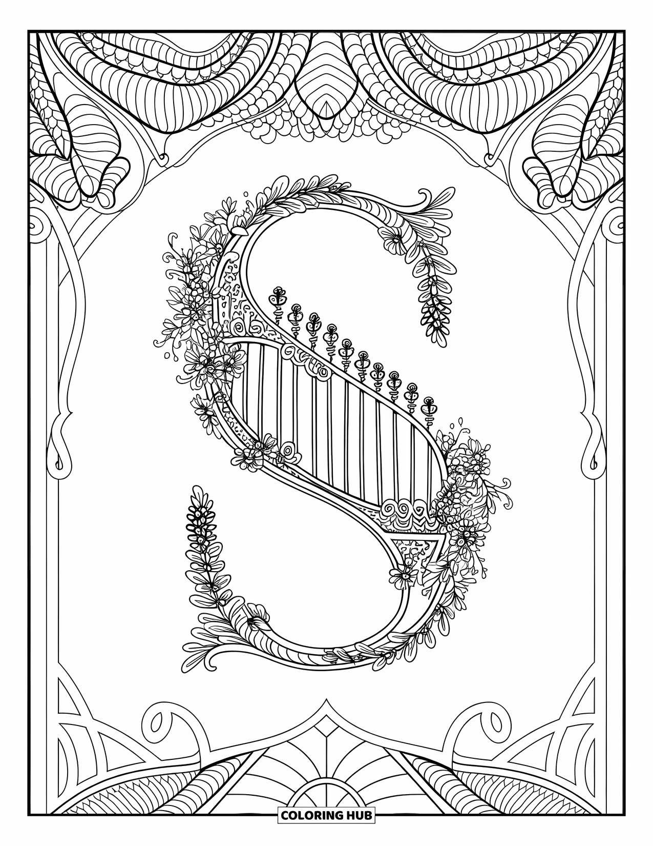 Letter S Coloring Page for Adults: A large "S" made of garden gate patterns and climbing florals