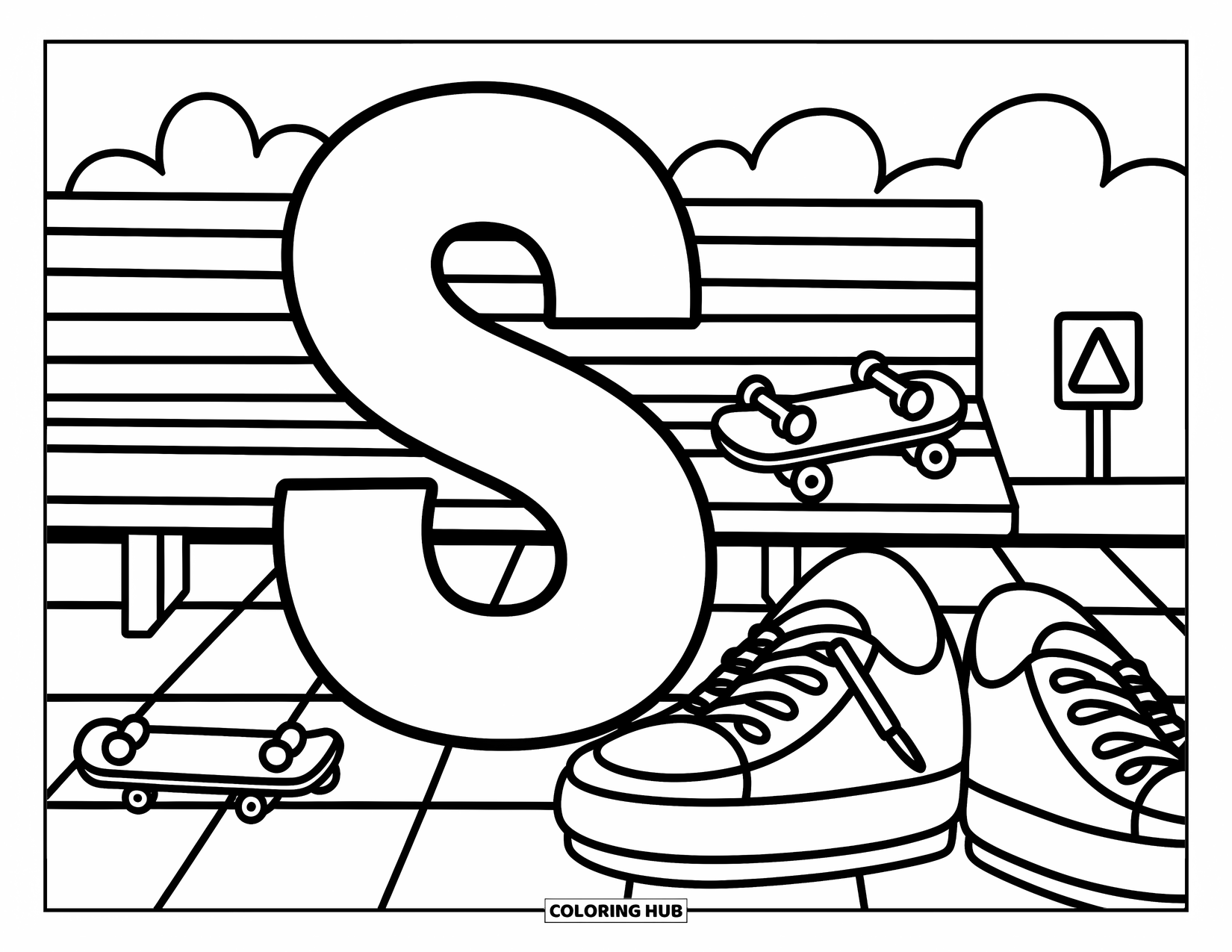 Letter S Coloring Page for Adults: A playful ìSî leans on a bench with a skateboard and loose-laced sneakers