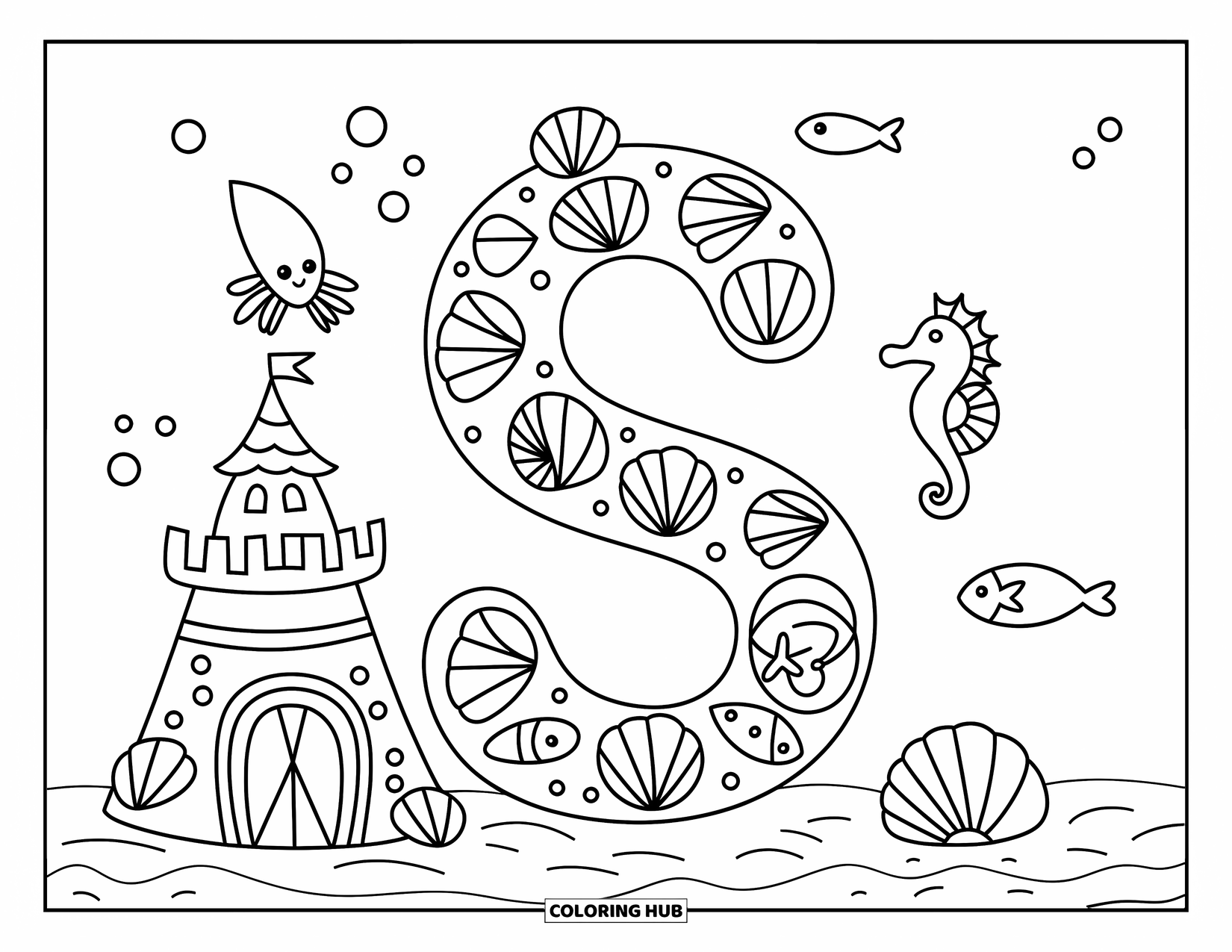 Letter S Coloring Page for Adults: A playful ìSî towers near a sandcastle with sea animals and a sandy bucket