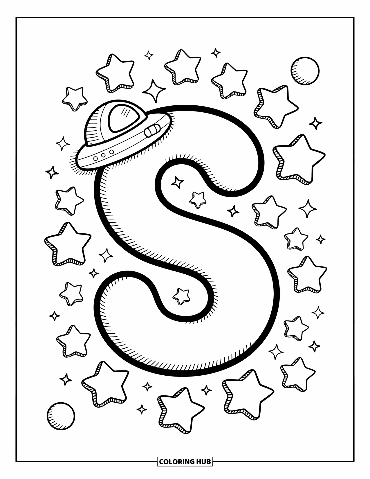 Letter S Coloring Page for Adults: A spacey ìSî with twinkling stars, distant planets, and a tiny hovering spaceship