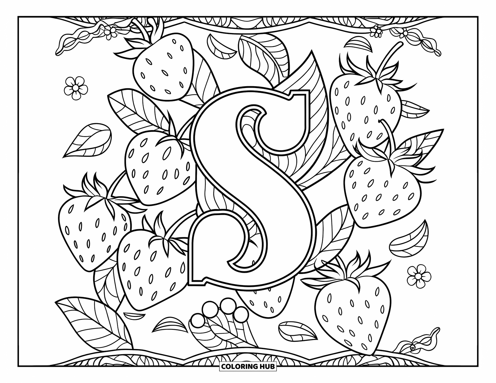 Letter S Coloring Page for Adults: A stylized "S" sits above strawberries, leaves, and dainty floral lace