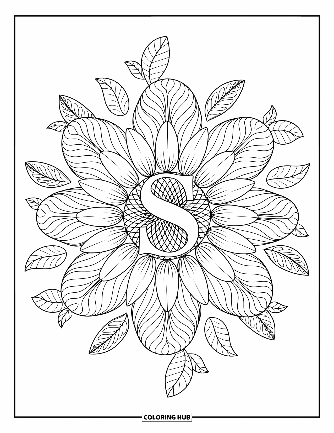 Letter S Coloring Page for Adults: A sunflower mandala frames the "S" with layered swirls and leaf designs
