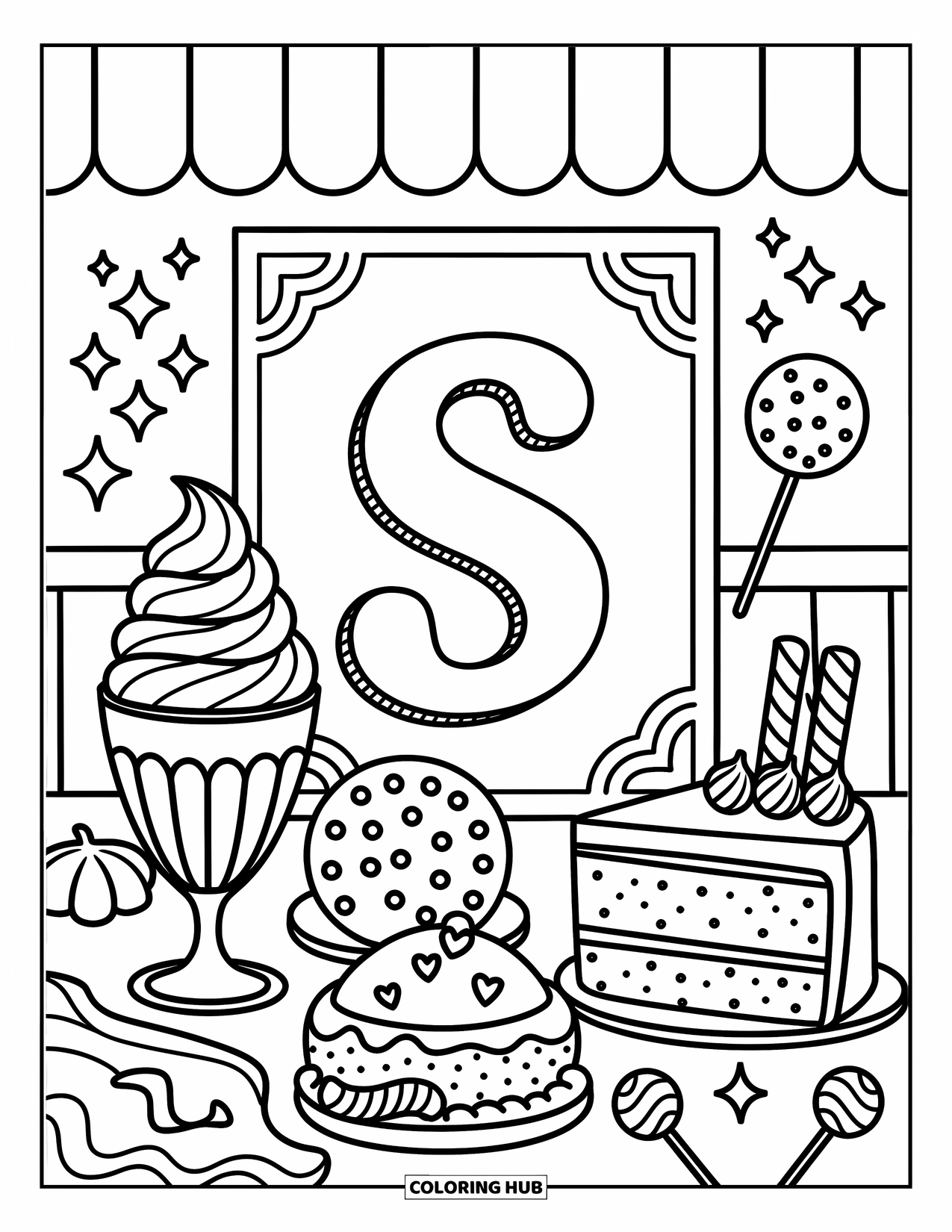 Letter S Coloring Page for Adults: A sweet setup with letter ìS,î cookies, sundae, lollipops, and sponge cake