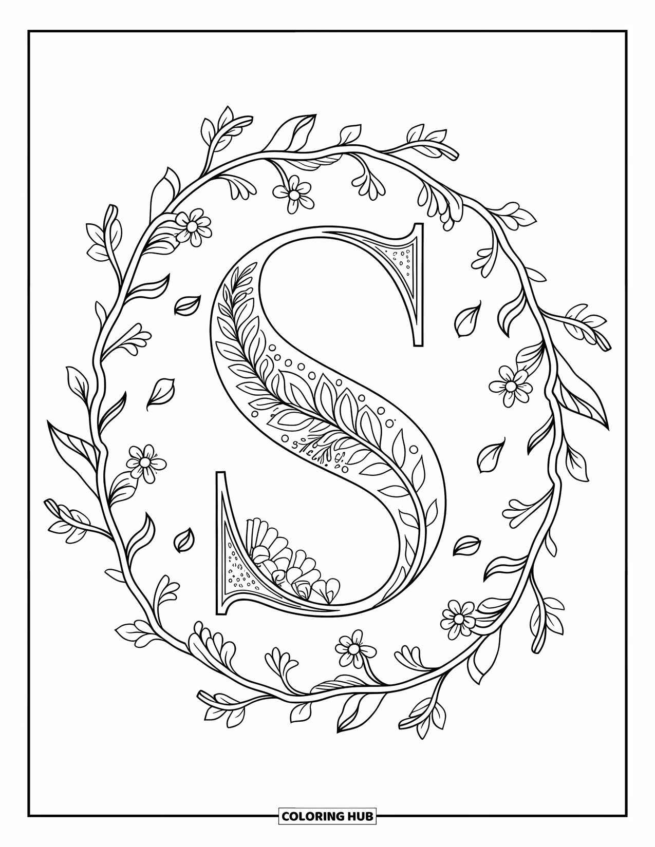 Letter S Coloring Page for Adults: An intricate "S" sits at the center of a floral mandala with vines and leaves