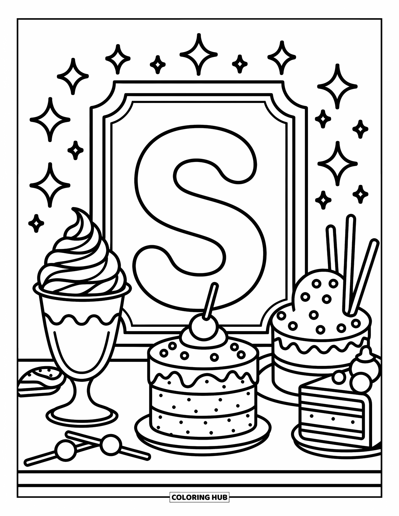 Letter S Coloring Page for Adults: Dessert-themed ìSî with kawaii sweets like cake, lollipops, and cookies all around