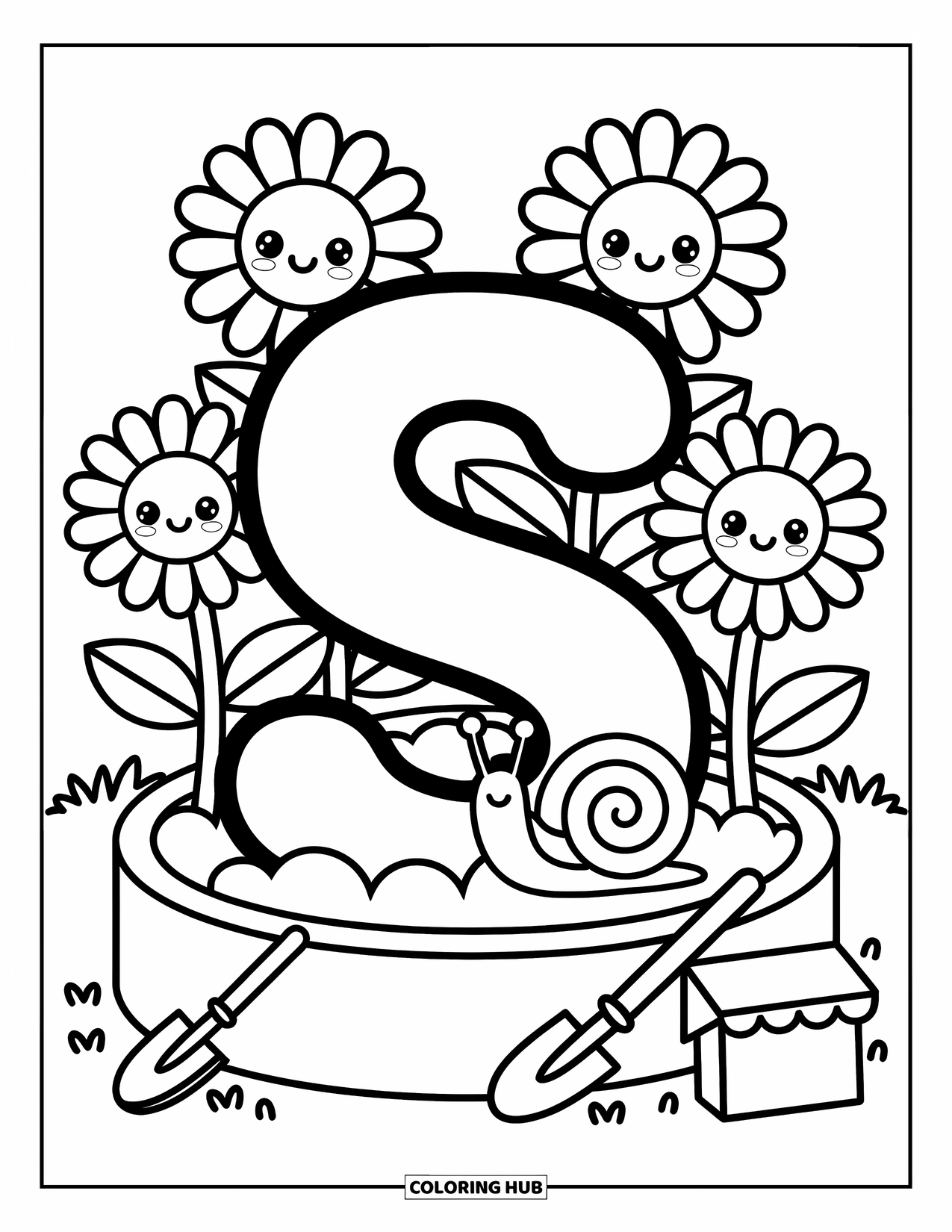 Letter S Coloring Page for Adults: Letter ìSî in a flower bed with sunflowers, a snail, and garden tools
