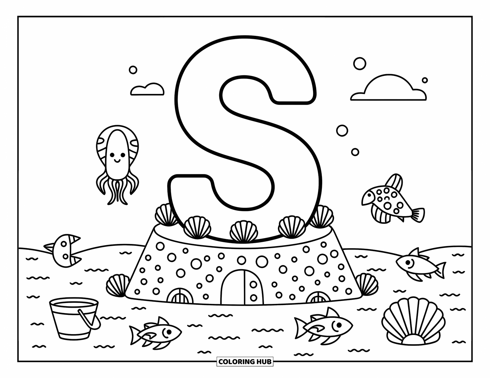 Letter S Coloring Page for Adults: Letter ìSî on a beach with sandcastle, sea creatures, bucket, and a seashell