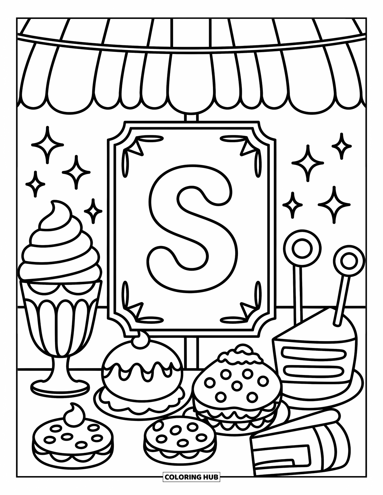 Letter S Coloring Page for Adults: Letter ìSî sits in a dessert corner with sundae, sugar cookies, and sponge cake