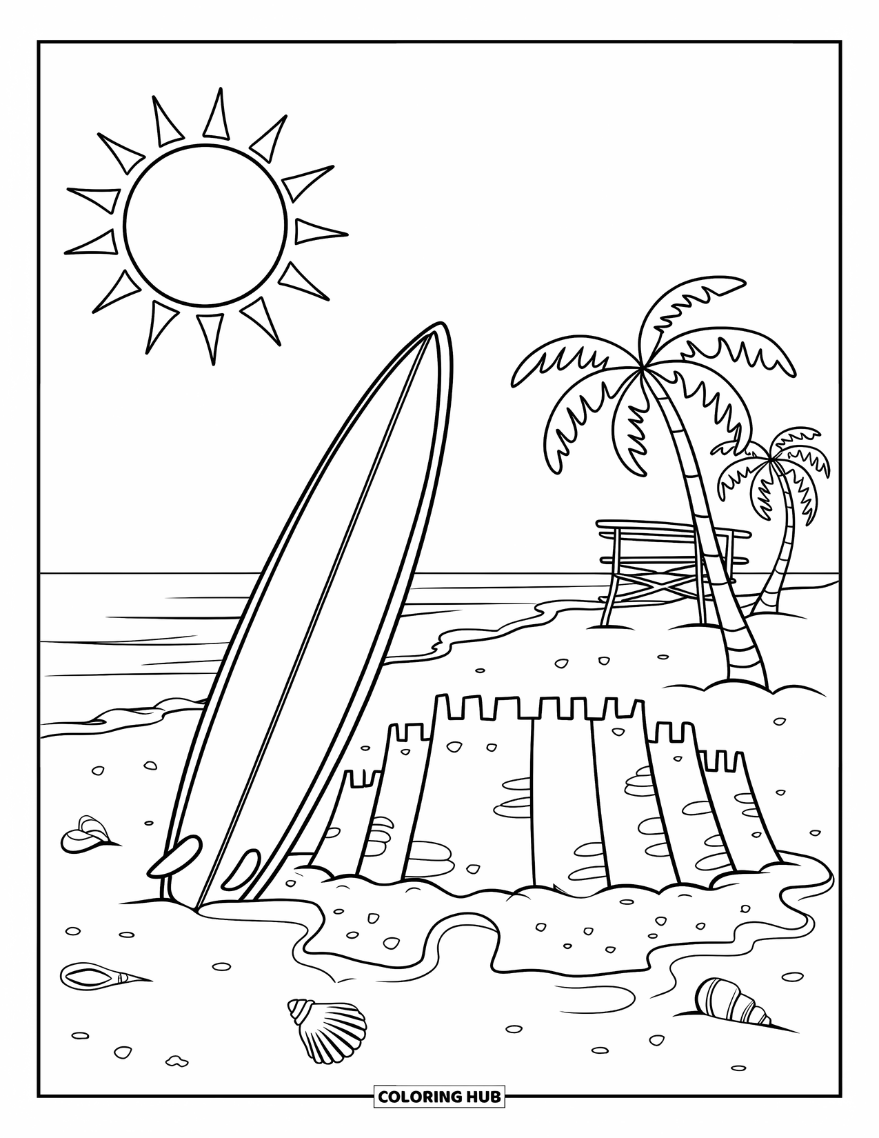 Letter S Coloring Page for Kids: A beach scene with sun, surfboard, sandcastle, seashells, and palm trees