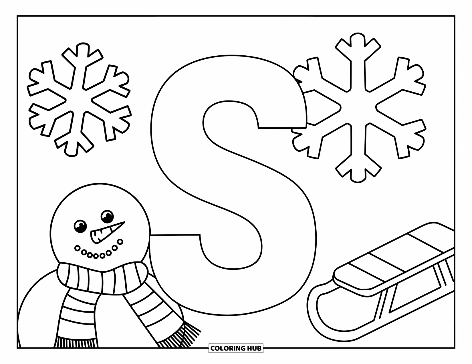Letter S Coloring Page for Kids: A bold "S" with snowman, sled, snowflake, and a wrapped scarf