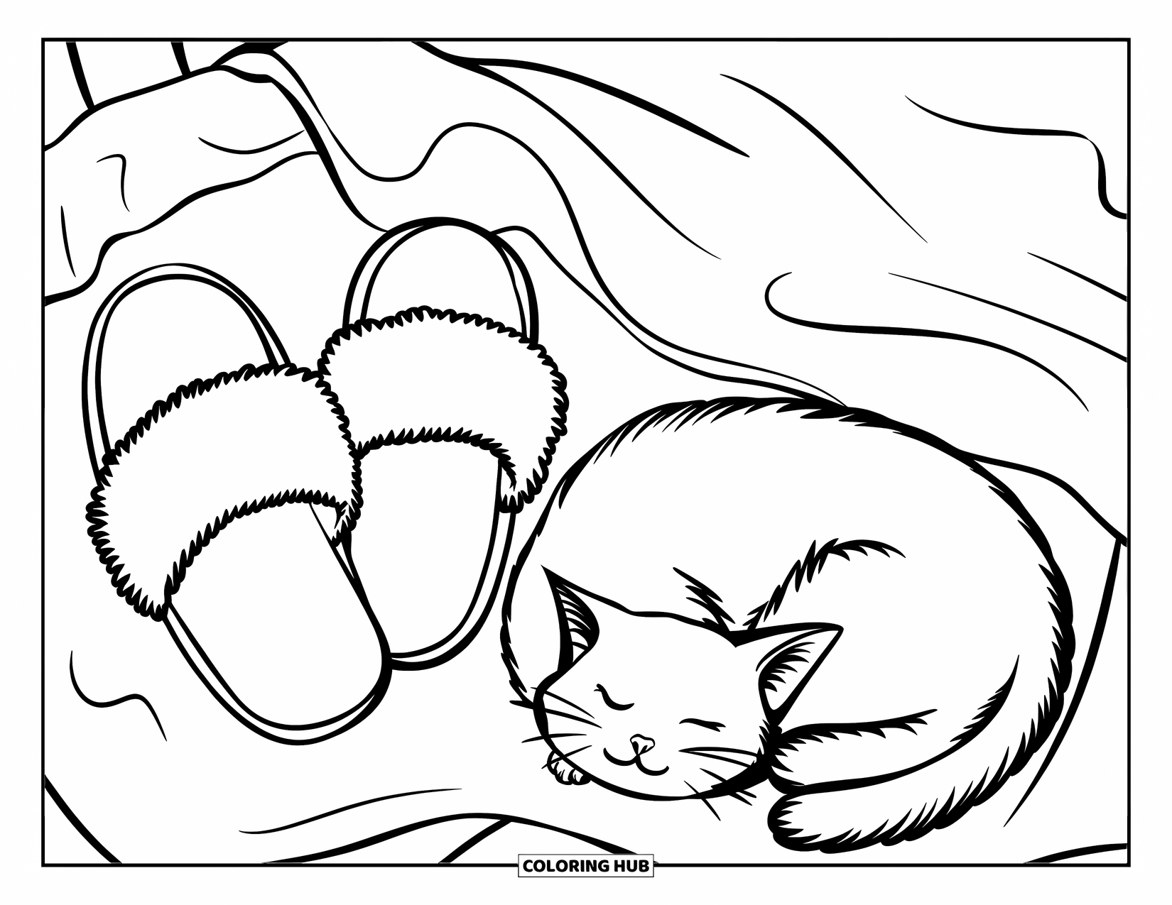 Letter S Coloring Page for Kids: A cat naps with slippers and a soft blanket in a cozy night setting