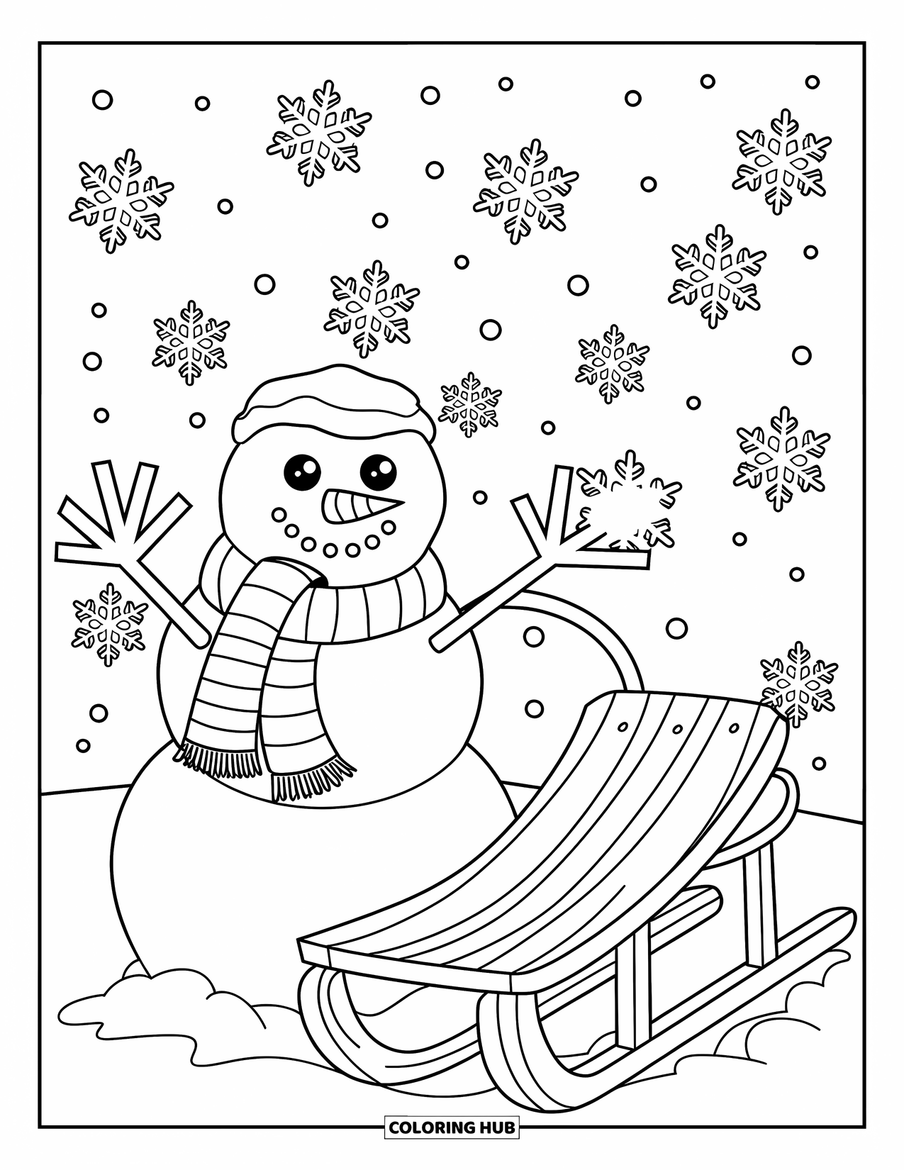 Letter S Coloring Page for Kids: A cheerful snowman with scarf and sled plays under swirling snowflakes