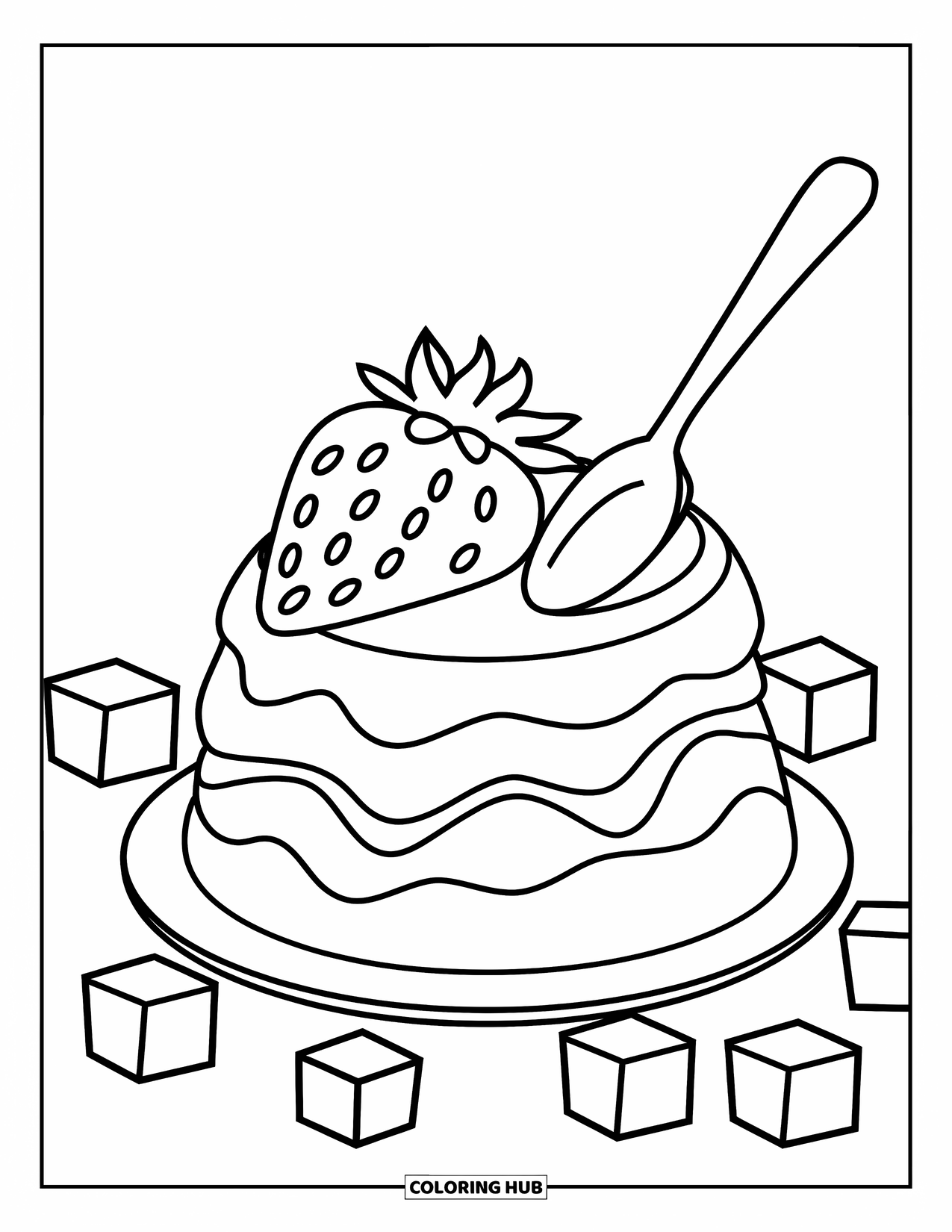 Letter S Coloring Page for Kids: A dessert-themed "S" with shortcake, spoon, and cubes of sugar