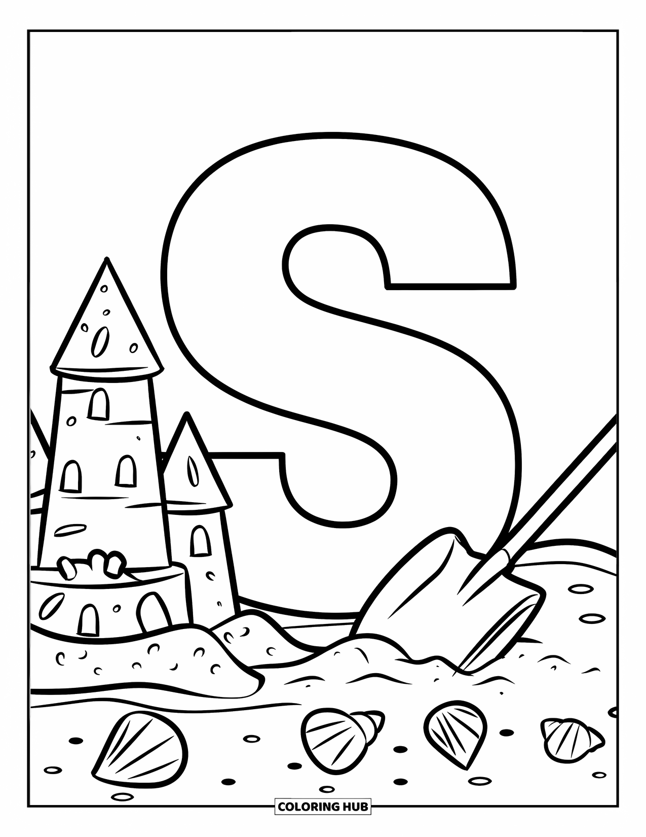 Letter S Coloring Page for Kids: A sandy "S" with towers, a flag, shovel, and some nearby seashells