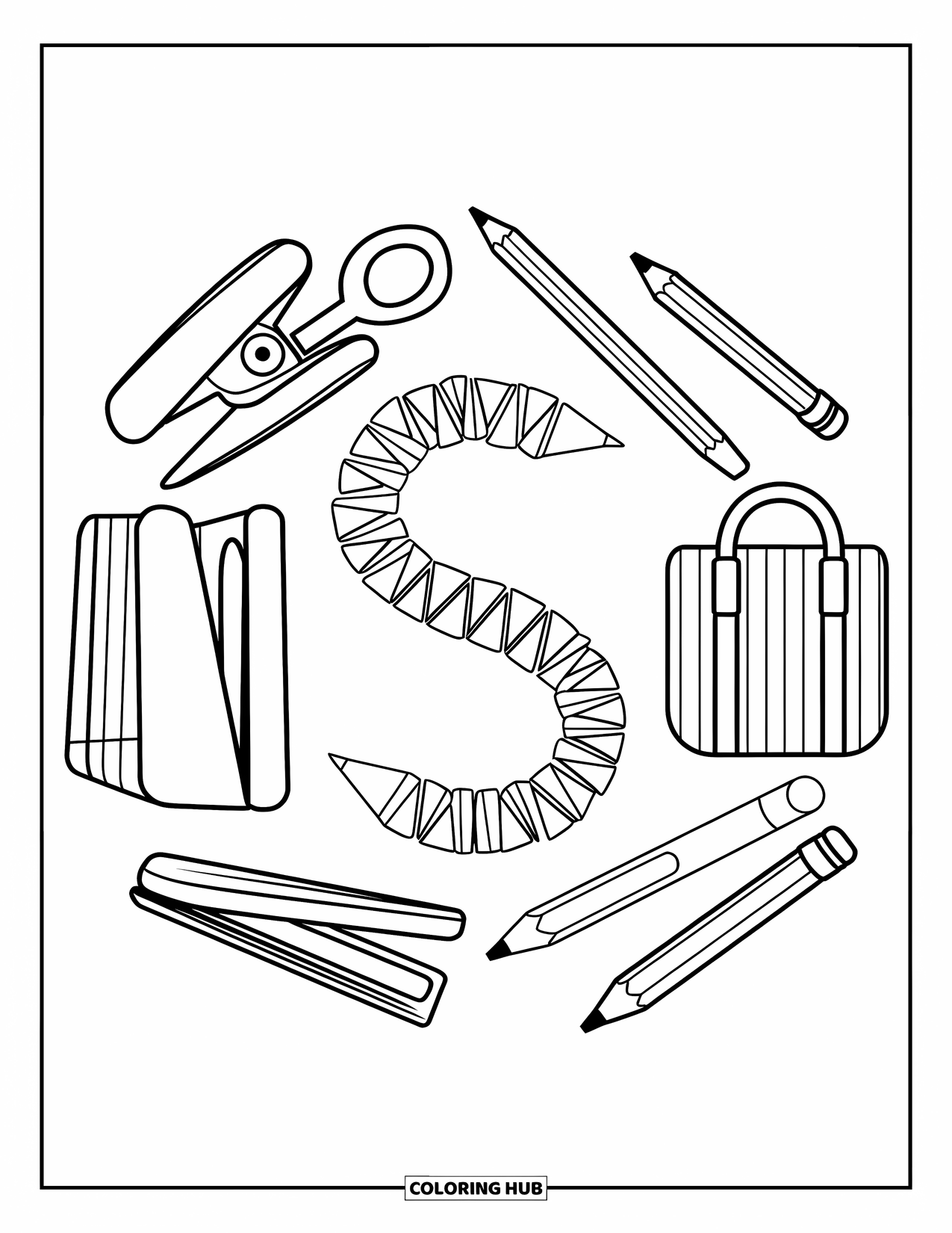 Letter S Coloring Page for Kids: A school supply "S" surrounded by scissors, stapler, and a schoolbag