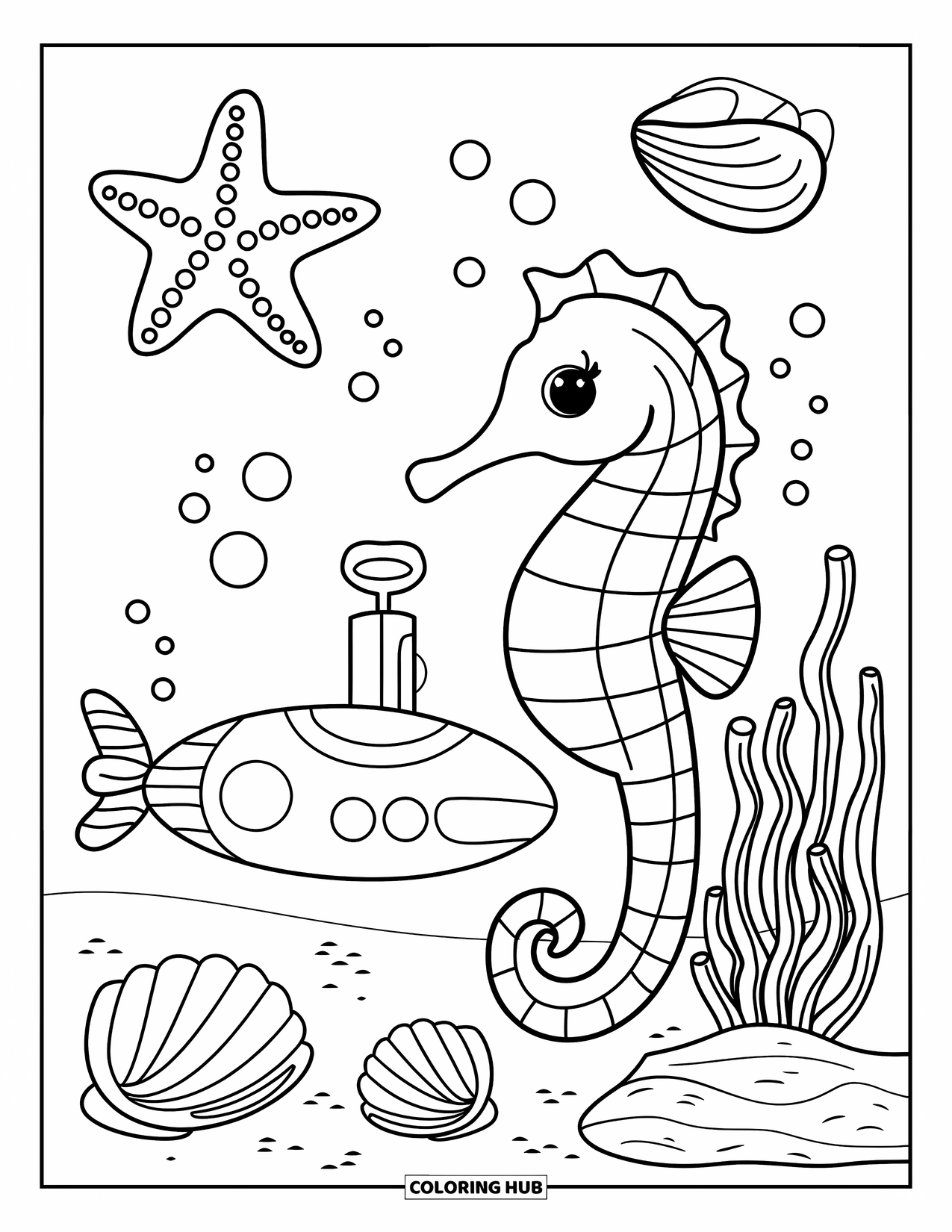 Letter S Coloring Page for Kids: A seahorse holds a sea anemone beside rising submarine and scattered shells