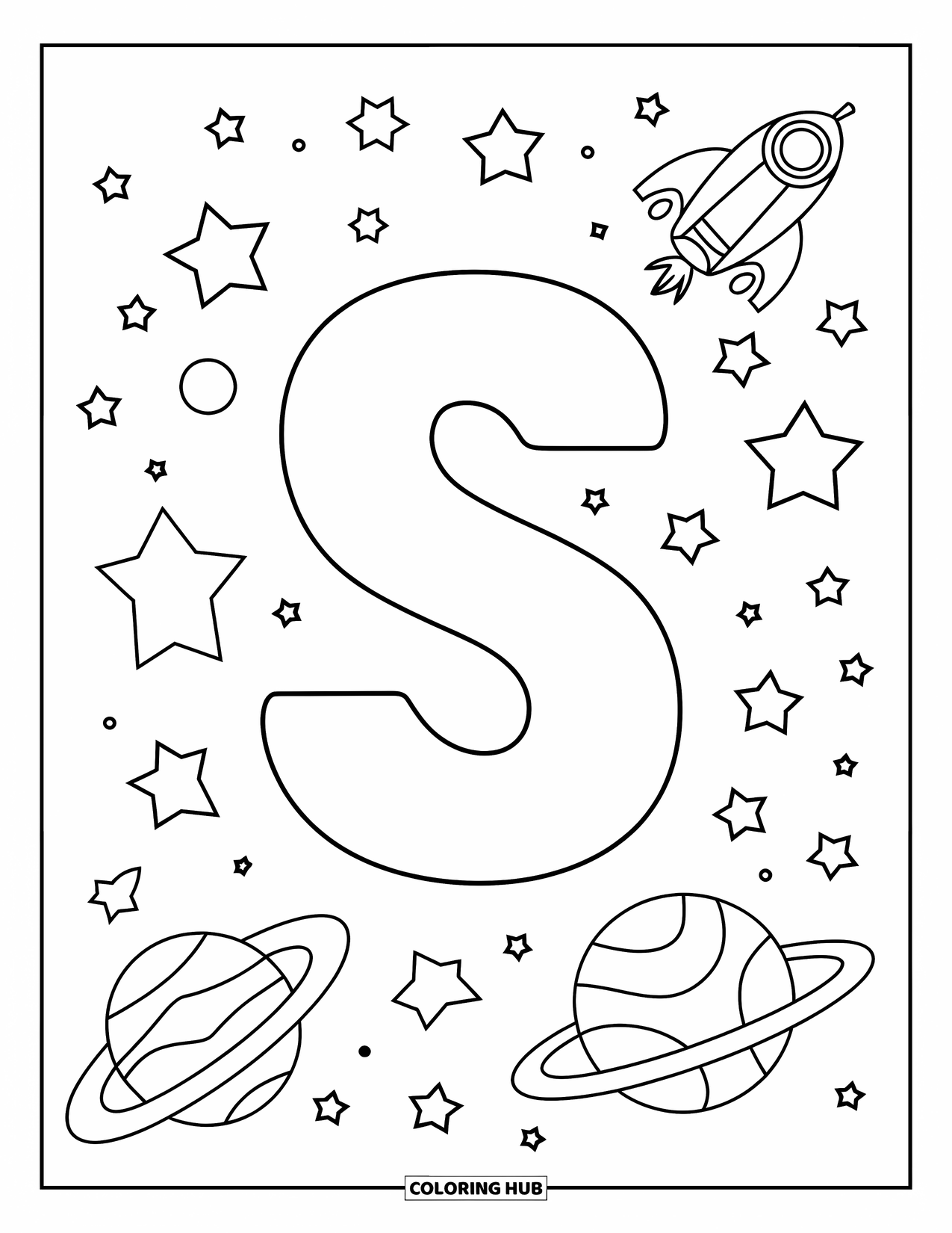 Letter S Coloring Page for Kids: A space-themed "S" with stars, planets, and a little spaceship