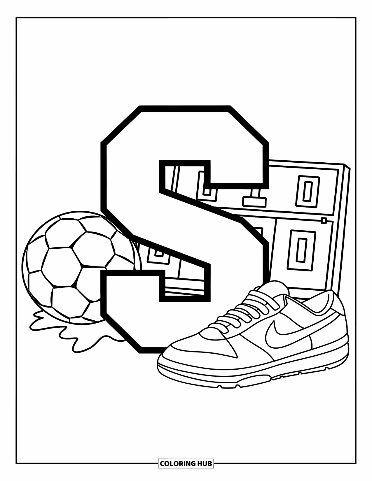 Letter S Coloring Page for Kids: A sporty "S" with sneakers, scoreboard, and soccer ball all around