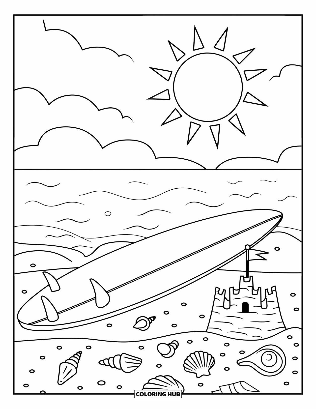 Letter S Coloring Page for Kids: A sunny beach with surfboard, sandcastle, and scattered seashells near the waves
