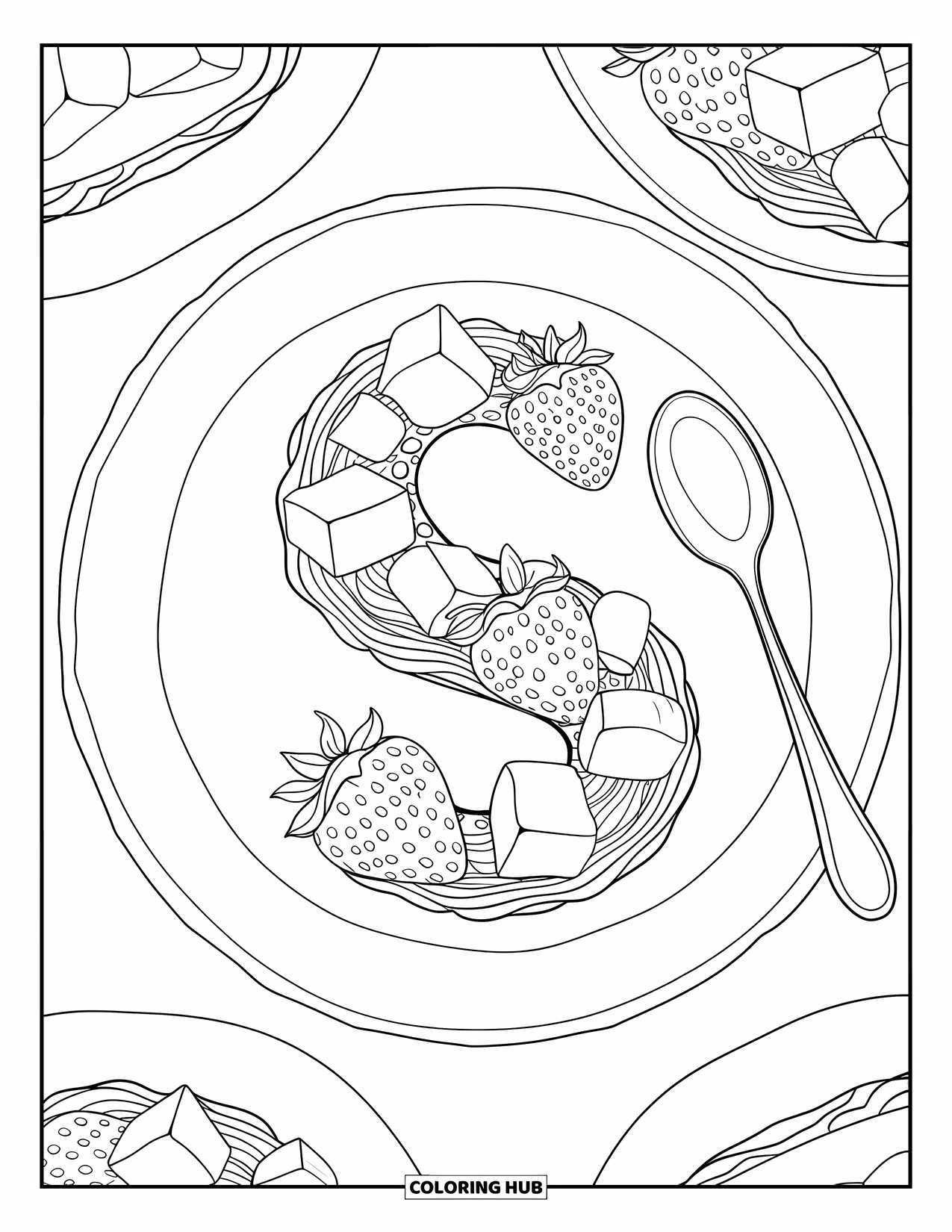 Letter S Coloring Page for Kids: A sweet "S" made of strawberry shortcake, sugar cubes, and a spoon