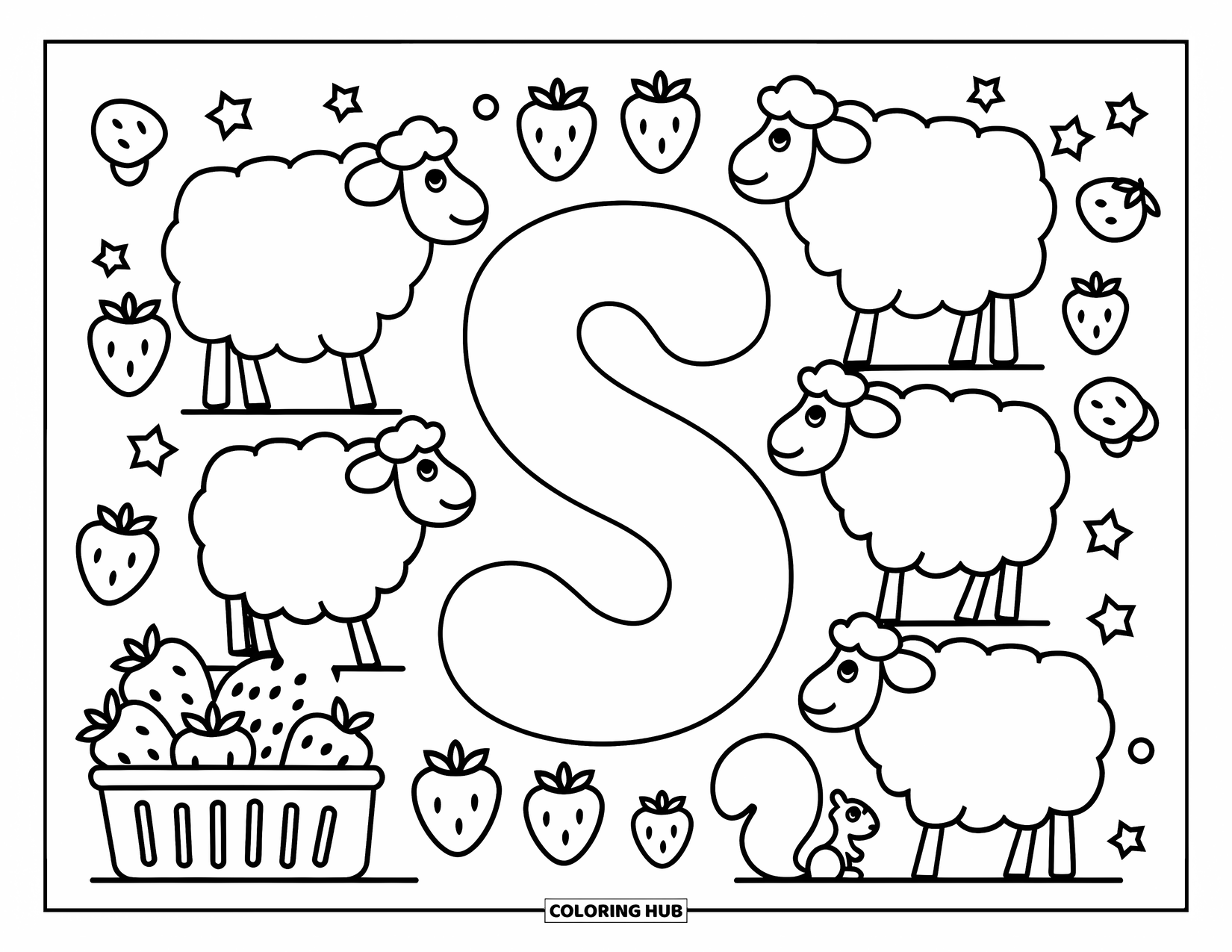 Letter S Coloring Page for Kids: Sheep gather around big "S" and little "s" with strawberries and a squirrel nearby