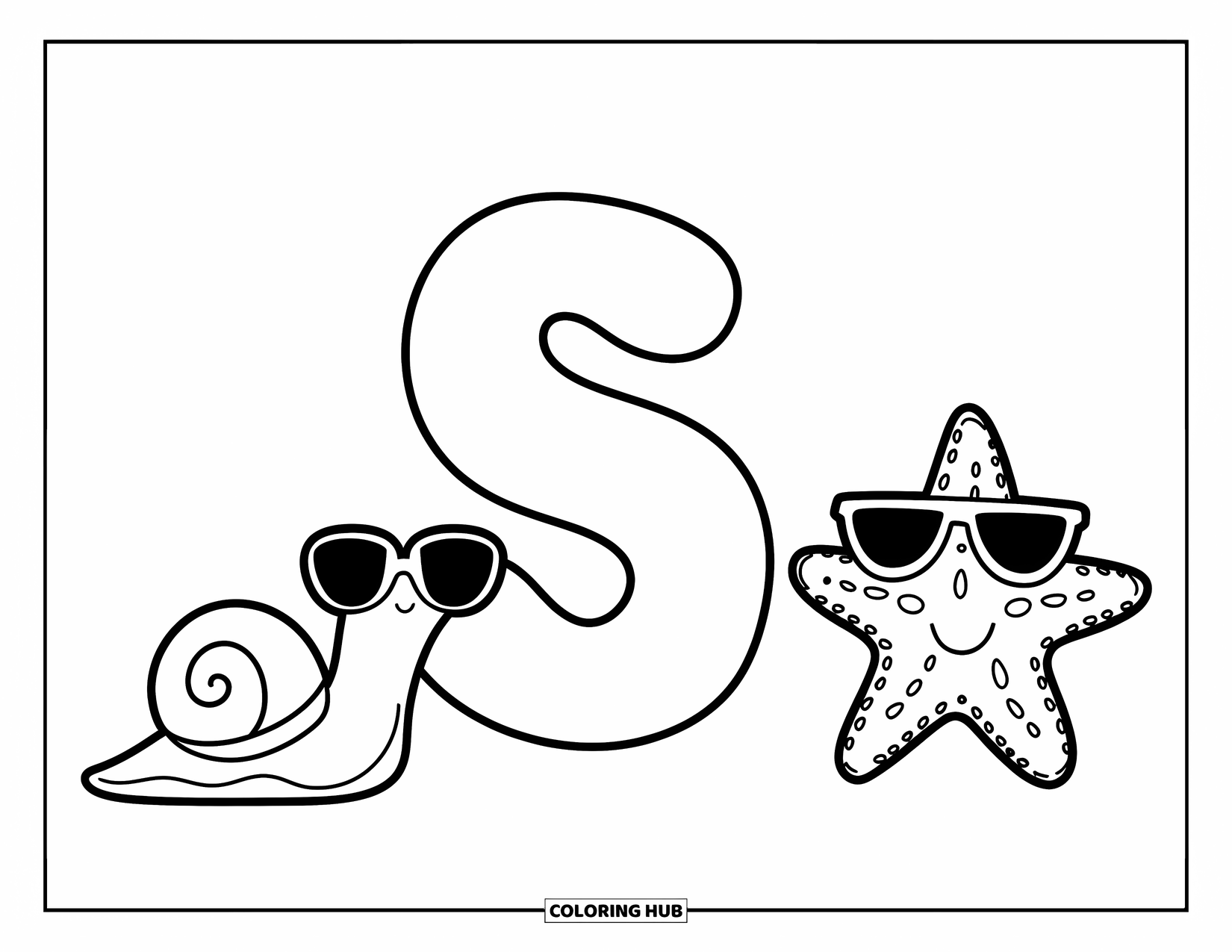Letter S Coloring Page for Kids: Snail and starfish with sunglasses play around a big "S" and little "s"