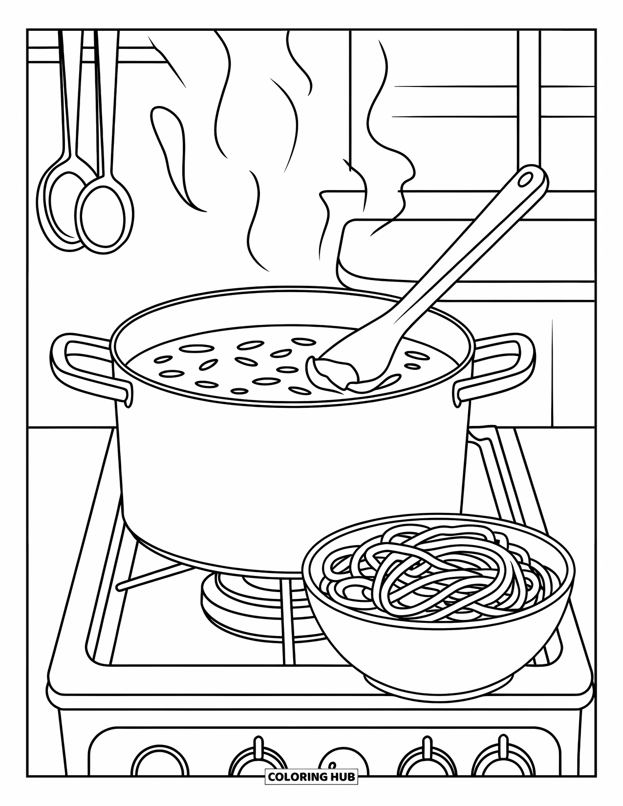 Letter S Coloring Page for Kids: Spaghetti and soup cook on the stove with a spoon and scattered ingredients