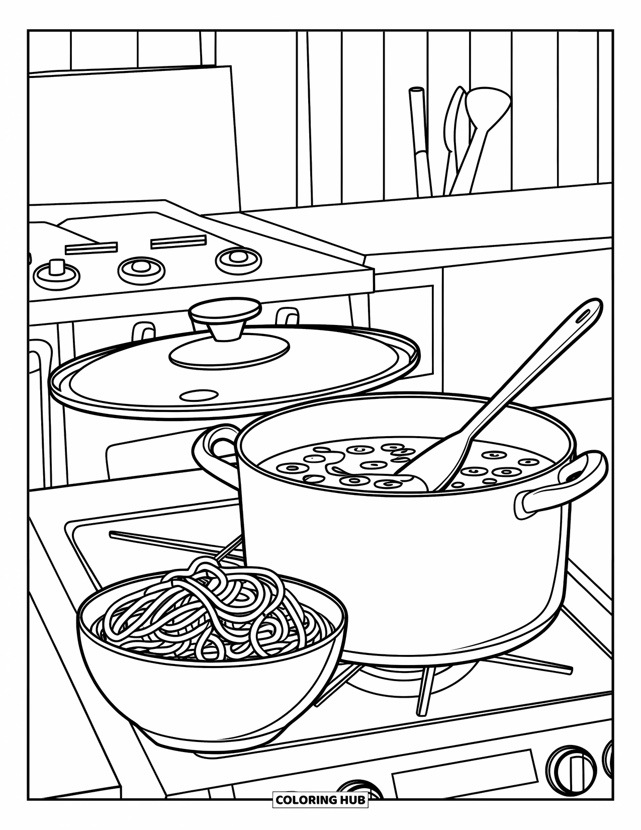 Letter S Coloring Page for Kids: Spaghetti and soup steam together in a warm kitchen scene with utensils
