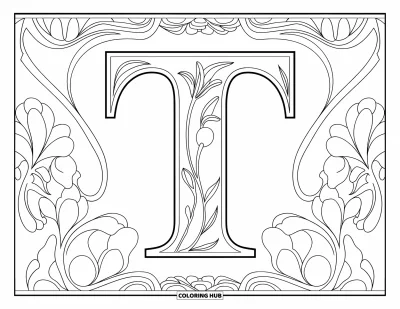 Omalovánka písmene T pro dospělé: Tučné T je obklopené vírovými florálními vzory ve stylu Art Nouveau