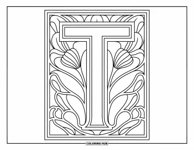 Omalovánka písmene T pro dospělé: Florální linie Art Nouveau se jemně ovíjejí kolem tučného písmene T