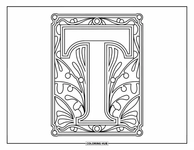 Omalovánka písmene T pro dospělé: T je zarámované plynulými florálními liniemi Art Nouveau a jemnými stonky