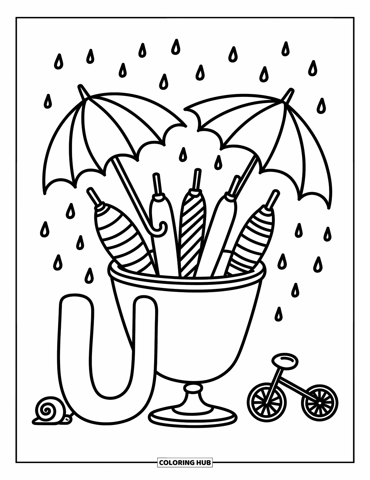Letter U Coloring Page for Adults: A big U by patterned umbrellas, a snail, and a tiny unicycle