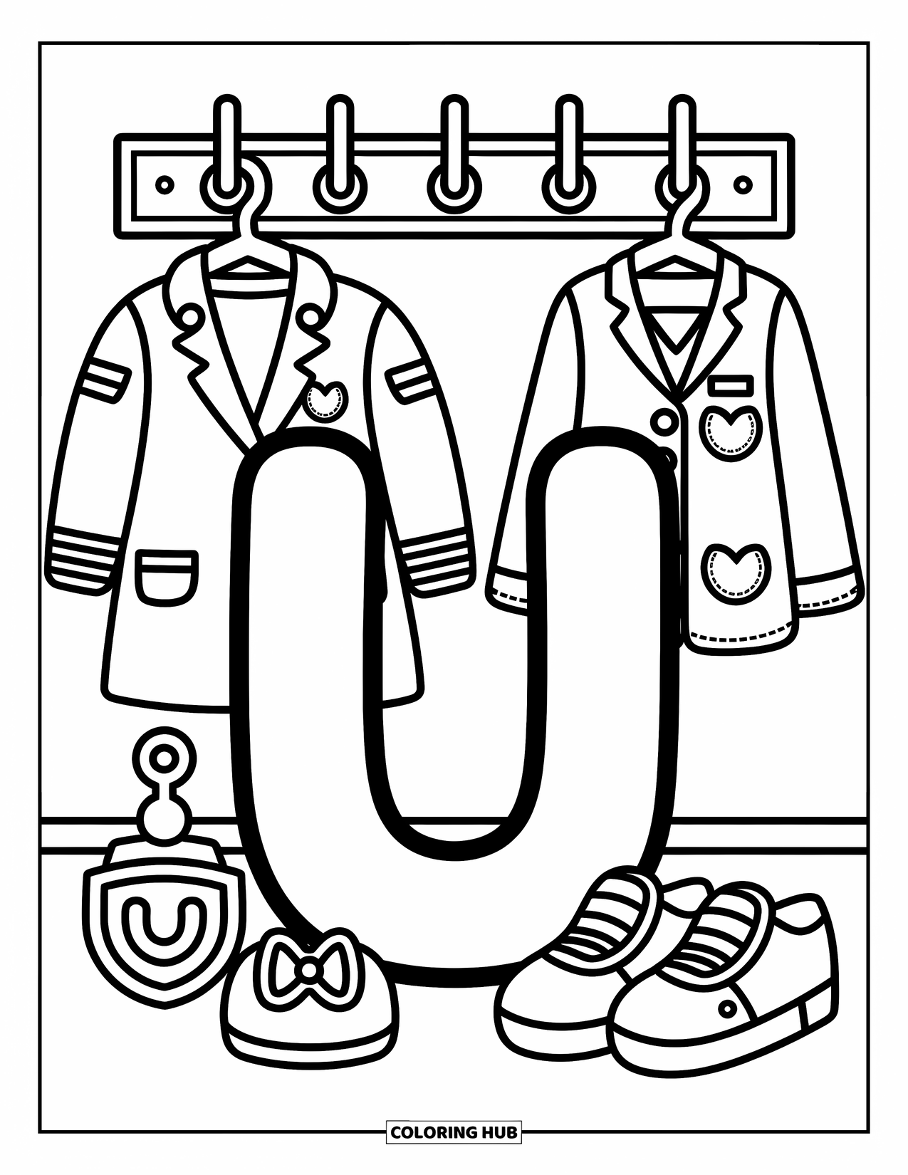 Letter U Coloring Page for Adults: A big U with pilot, nurse, and school uniforms hanging nearby