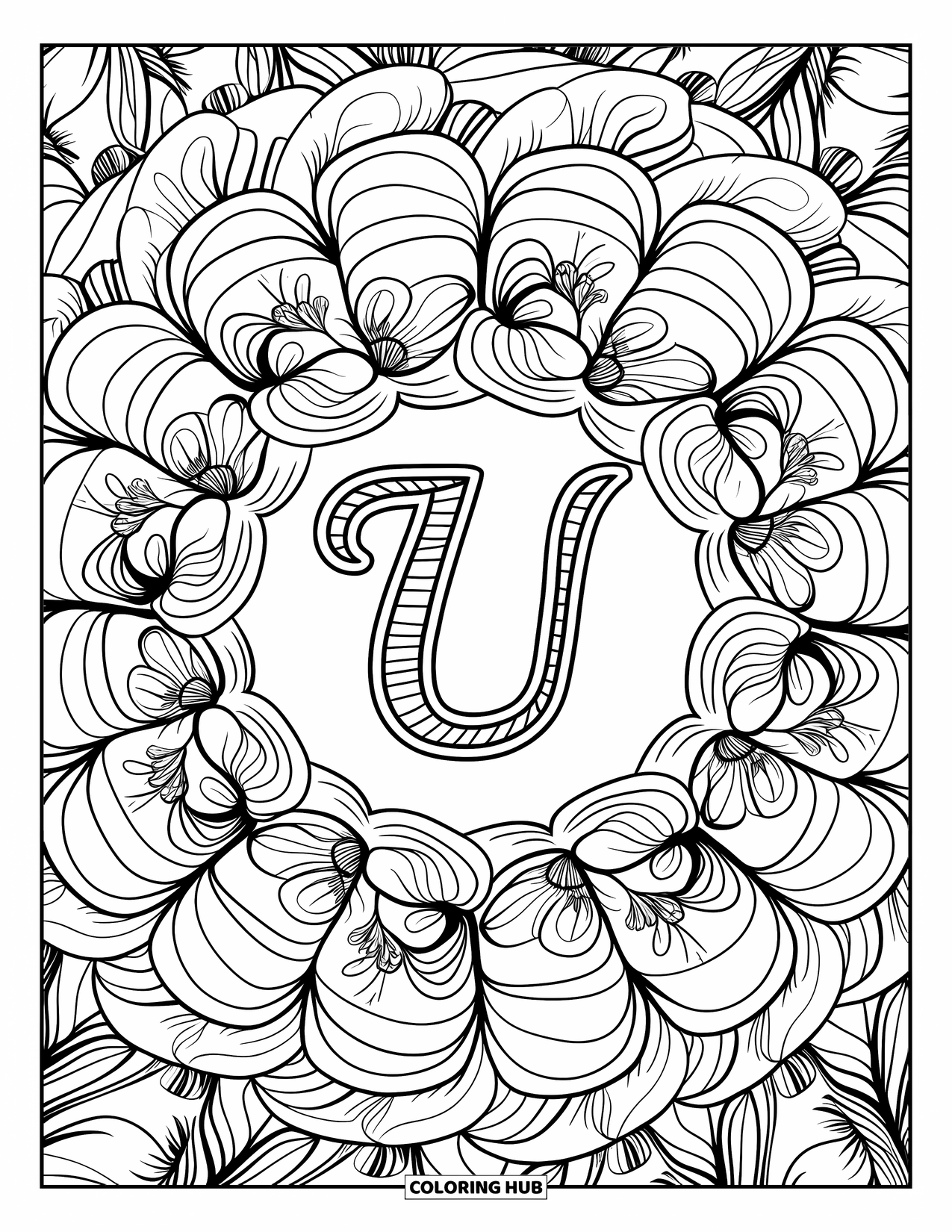 Letter U Coloring Page for Adults: A bold, cursive U sits in floral rings growing outward in soft layers