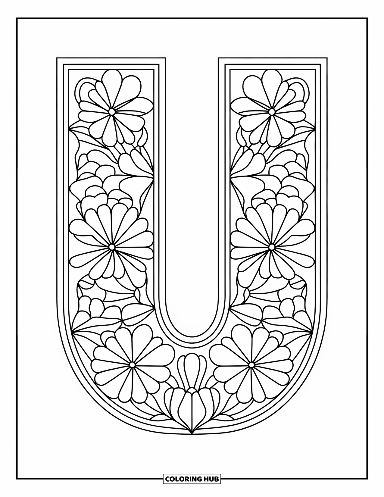 Letter U Coloring Page for Adults: Concentric floral patterns shape the U and form a peaceful border