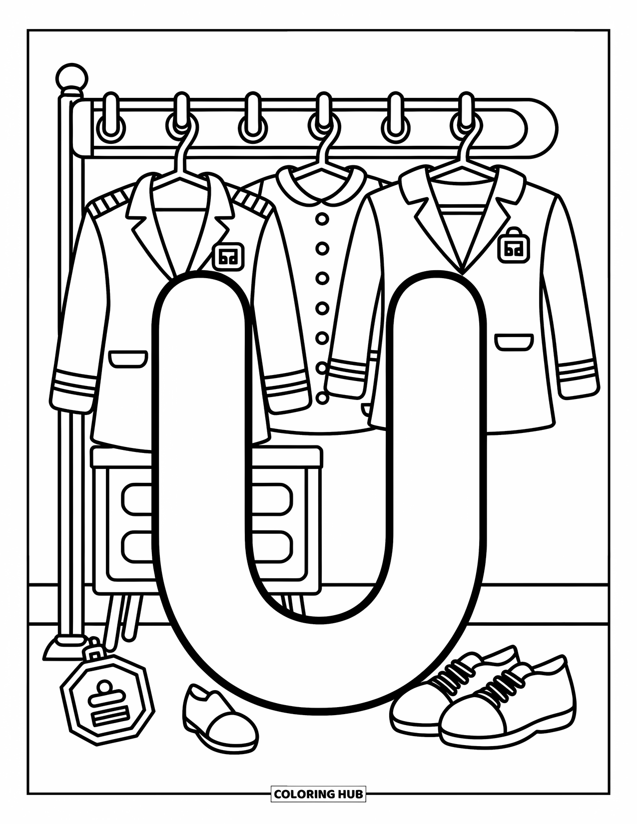 Letter U Coloring Page for Adults: Letter U beside a rack of cute uniforms and tiny matching shoes